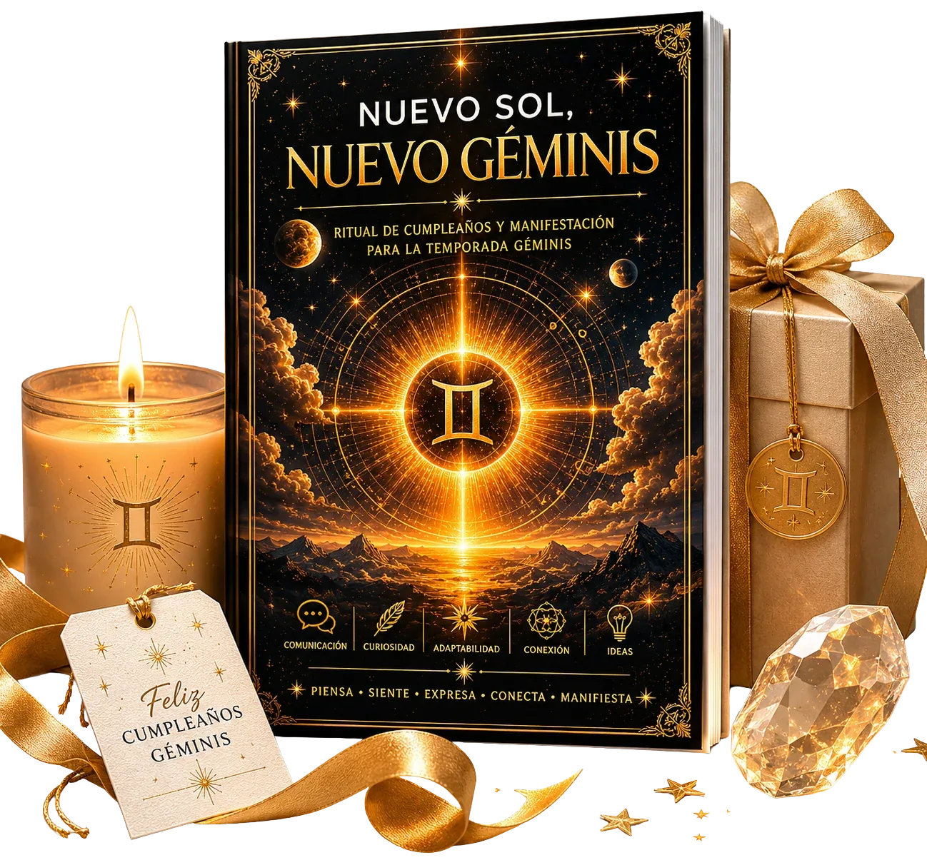 Mockup con elementos: vela, cristales, sellos y regalo